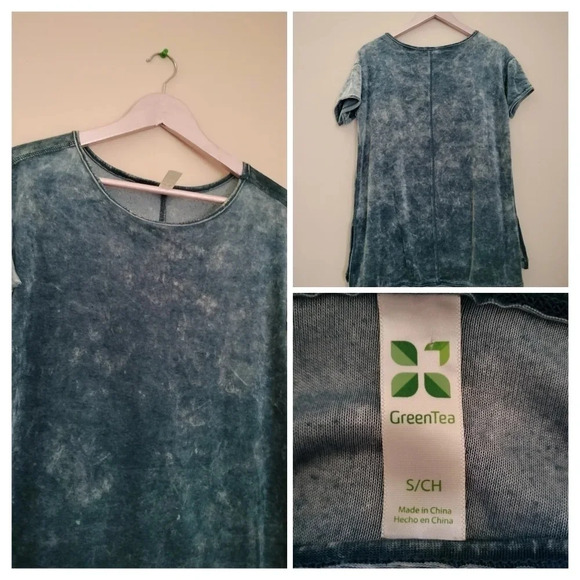 Green Tea Acid Wash Short Sleeves Tunic Hi Lo Denim Blue Sz SMALL - Picture 1 of 8